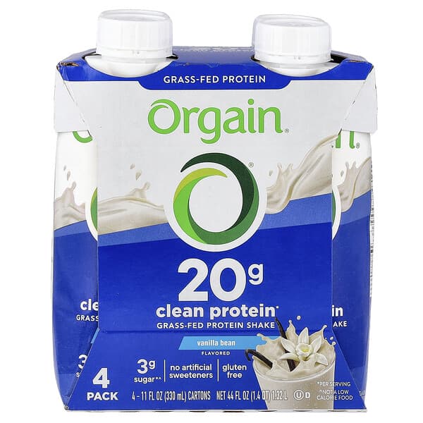 Orgain Clean Grass-Fed Protein Shake, Vanilla Bean, 4 Pack, 11 fl oz (330 ml) Each