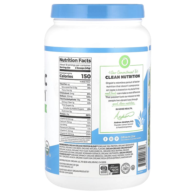 Organic Protein Greens Protein Powder Plant Based Vanilla Bean 1.94 lbs 882 g