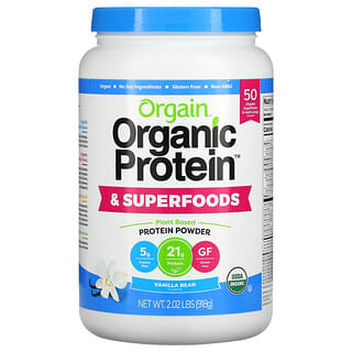Orgain, Organic Protein & 슈퍼 푸드 분말, 식물성, 바닐라빈, 918g(2.02lbs)