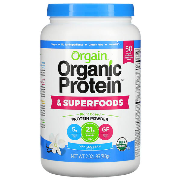 Orgain, Proteína orgánica Organic Protein y superalimentos en polvo, De origen vegetal, Vaina de vainilla, 918 g (2,02 lb)