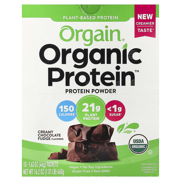 Orgain Organic Protein™ Powder, Plant-Based, Creamy Chocolate Fudge, 10 Packets, 1.62 oz (46 g) Each