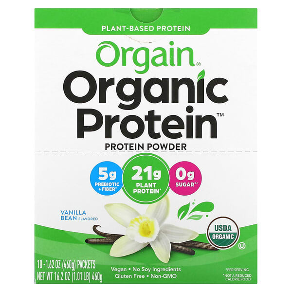 Orgain, Organic Protein Powder, Plant-Based, Vanilla Bean, 10 Packets, 1.62 oz (46 g) Each