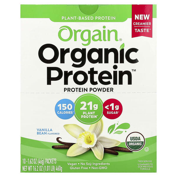 Orgain Organic Protein™ Powder, Plant-Based, Vanilla Bean, 10 Packets, 1.62 oz (46 g) Each