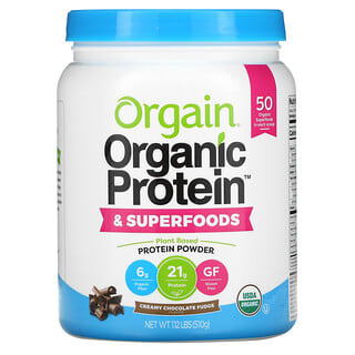 Orgain, Proteína Orgânica e Superalimentos em Pó, À Base de Plantas, Fudge de Chocolate Cremoso, 510 g (1,12 lbs)