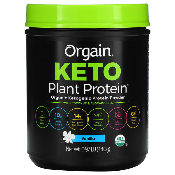 Orgain, Keto, Proteína vegetal orgánica en polvo con aceites de coco y aguacate, Vainilla, 440 g (0,97 lb)