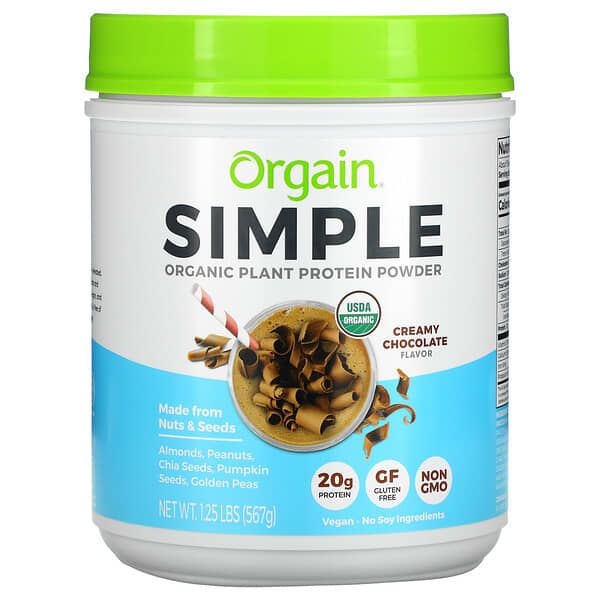 Orgain, Proteína vegetal orgánica en polvo simple, Chocolate cremoso, 567 g (1,25 lb)