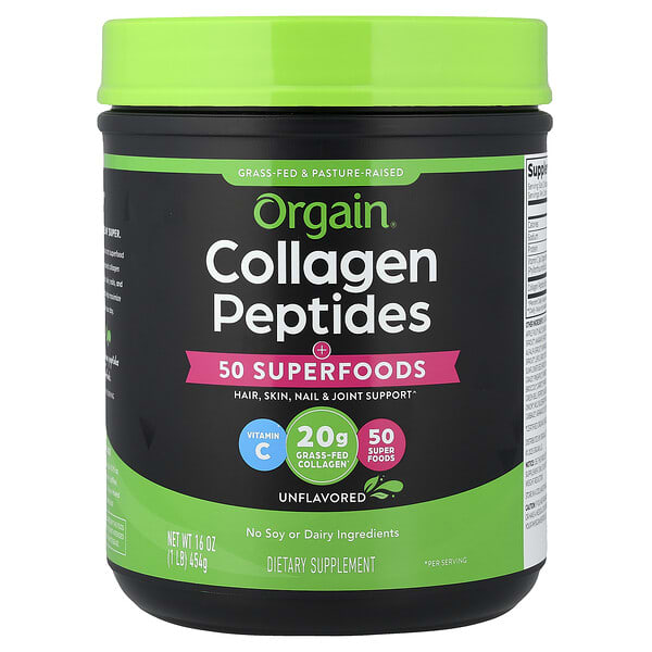 Orgain, 콜라겐 펩타이드, 50가지 슈퍼 푸드 함유, 무맛, 454g(1lb)