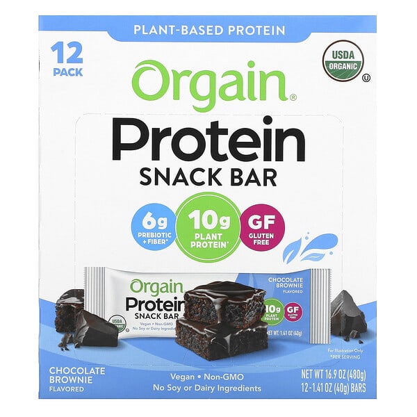Orgain, 蛋白零食棒，巧克力布朗尼，12 根，每根 1.41 盎司（40 克）