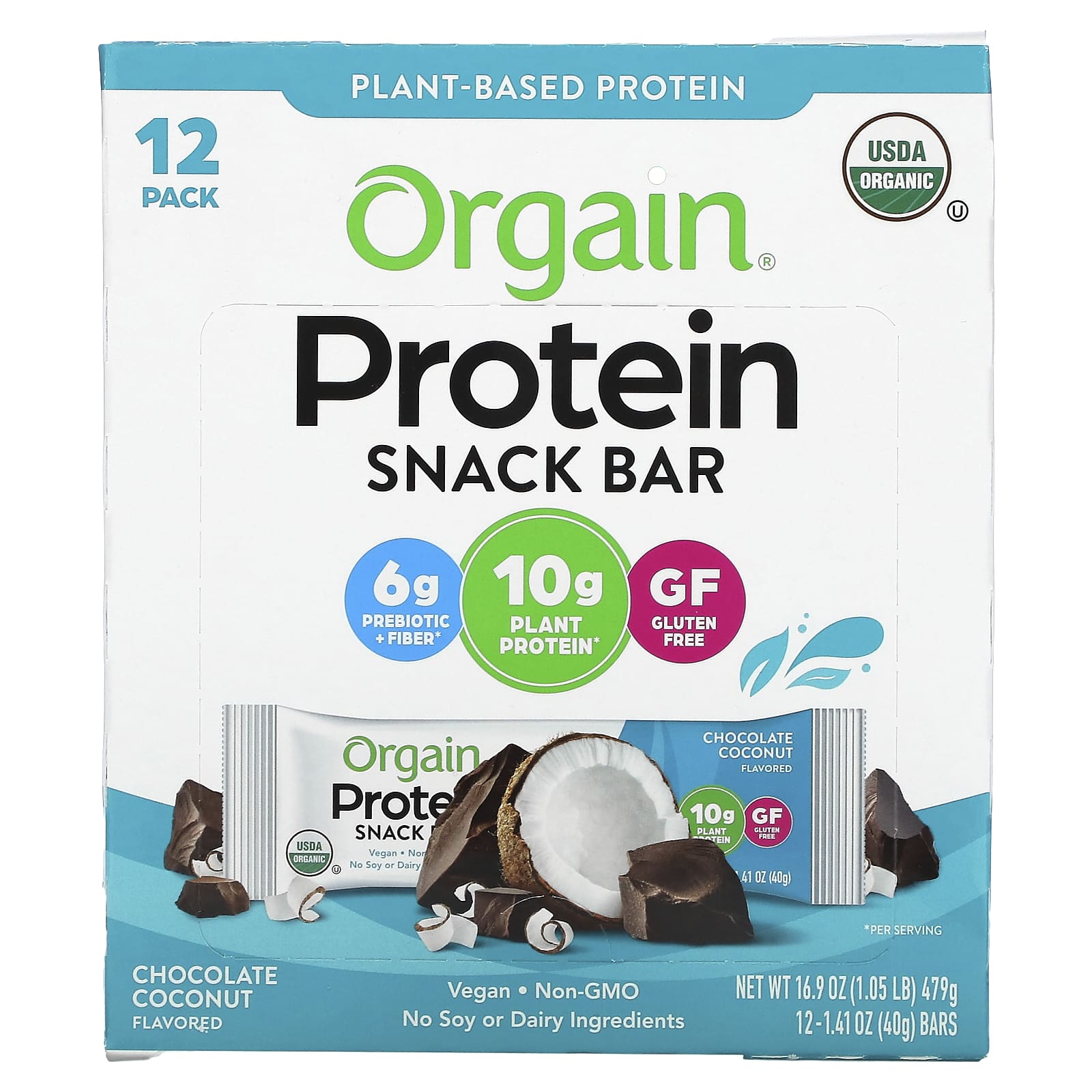 Orgain, Protein Snack Bar, Chocolate Coconut, 12 Bars, 1.41 oz (40 g) Each
