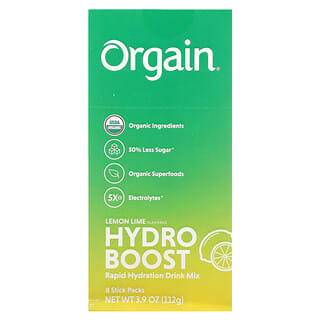 Orgain‏, Hydro Boost, תערובת להכנת משקה לאיזון נוזלים מהיר, בטעם לימון וליים, 8 שקיקים אישיים, 14 גרם (0.49 אונקיות) לשקיק