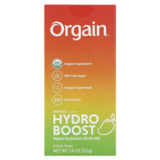 Orgain‏, תערובת להכנת משקה Hydro Boost Rapid Hydration, תערובת להכנת משקה, מנגו, 8 שקיקים, 14 גרם (0.49 אונקיות) ליחידה