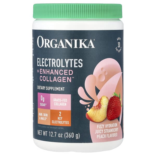 Organika, Electrolytes + Enhanced Collagen™, 쥬시 딸기 복숭아, 360g(12.7oz)