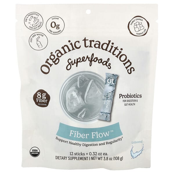 Organic Traditions, Fiber Flow™, Unflavored, 12 Sticks, 0.32 oz (9 g) Each — product photo 1