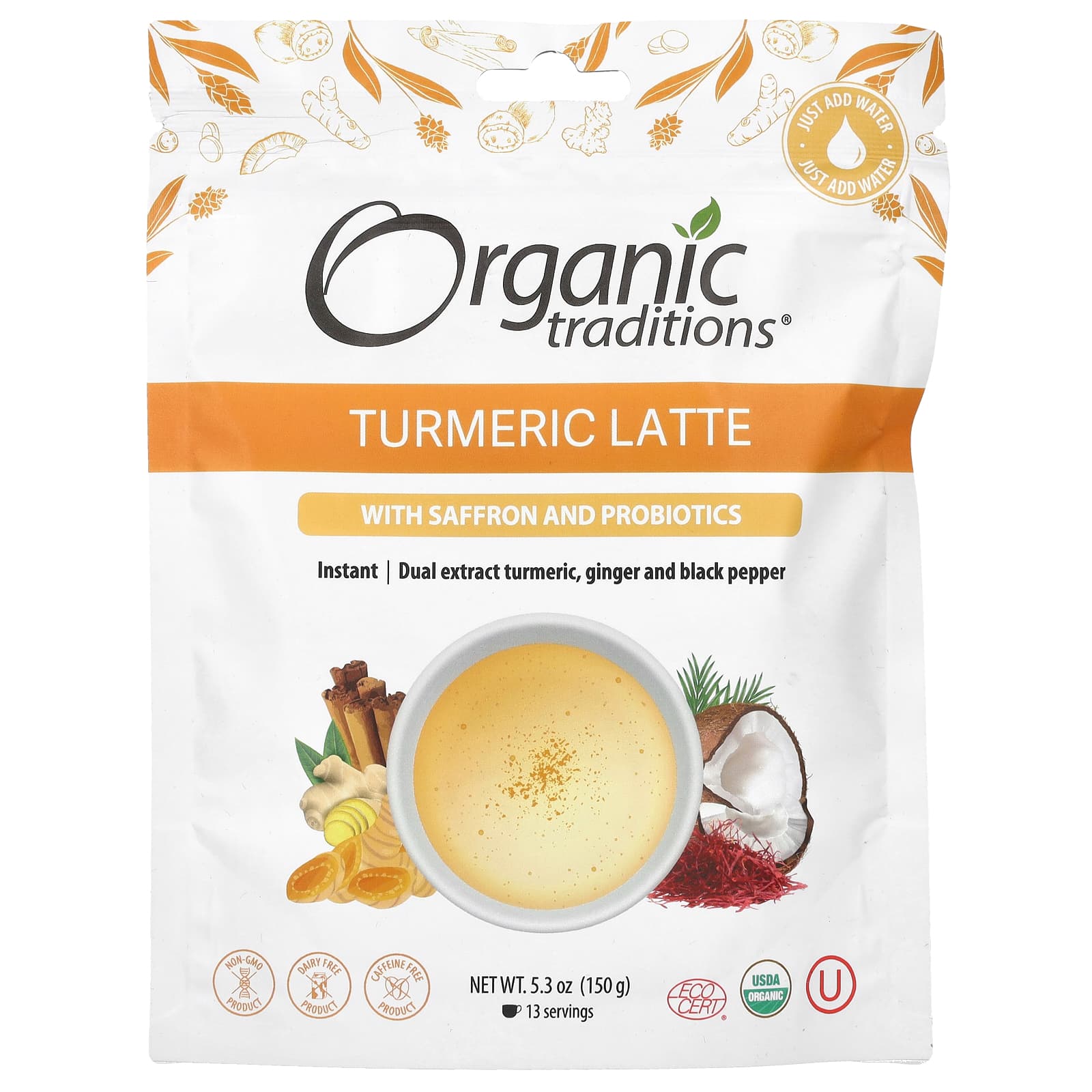 Organic Traditions, Turmeric Latte with Saffron and Probiotics, 5.3 oz ...