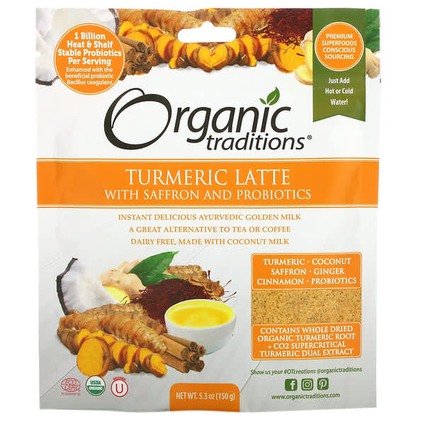Organic Traditions, 含有益生菌和番紅花的薑黃拿鐵，5.3 盎司（150 克）