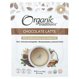 Organic Traditions, шоколадне лате з ашвагандою та пробіотиками, 150 г (5,3 унції)