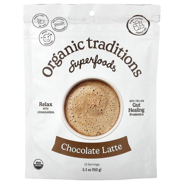 Organic Traditions, 슈퍼 푸드, 초콜릿 라떼, 150g(5.3oz)