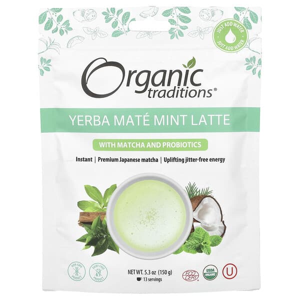 Organic Traditions Yerba Mate Mint Latte with Matcha and Probiotics, 5.3 oz (150 g)