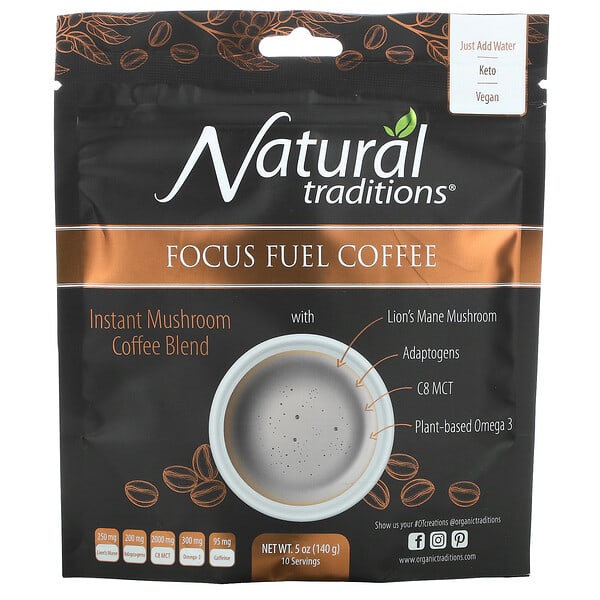 Organic Traditions‏, Focus Fuel Coffee, Instant Mushroom Coffee Blend, 5 oz (140 g)