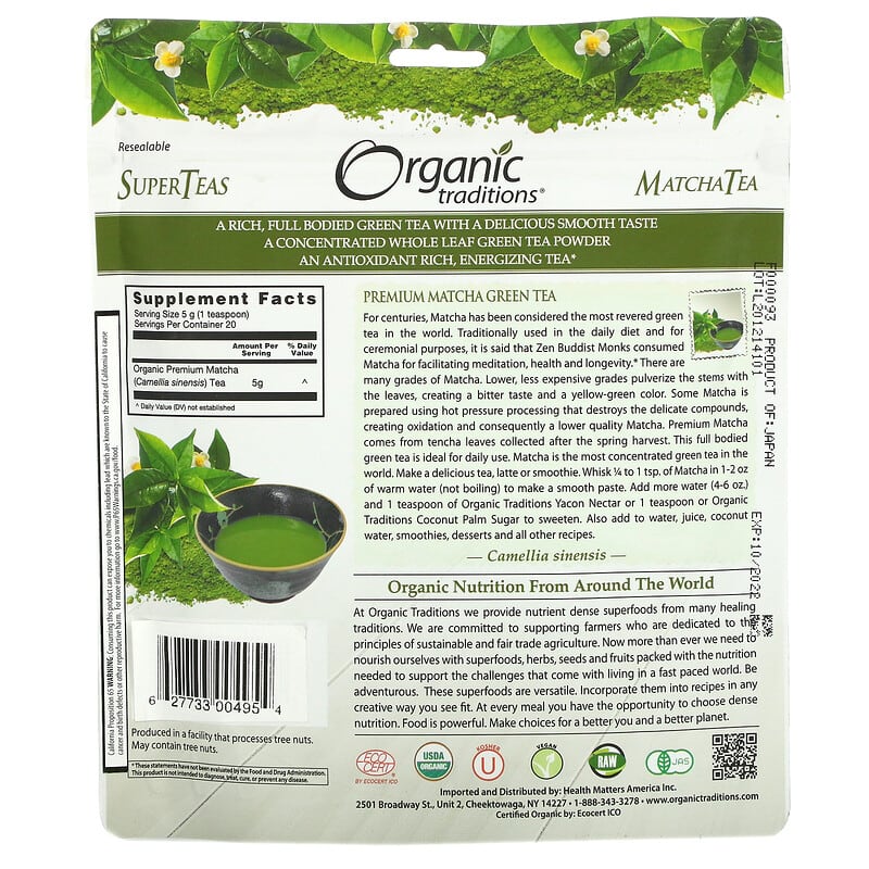 Thé vert Matcha Eco 100g ou 250g Bio équitable Touch Organic pas cher