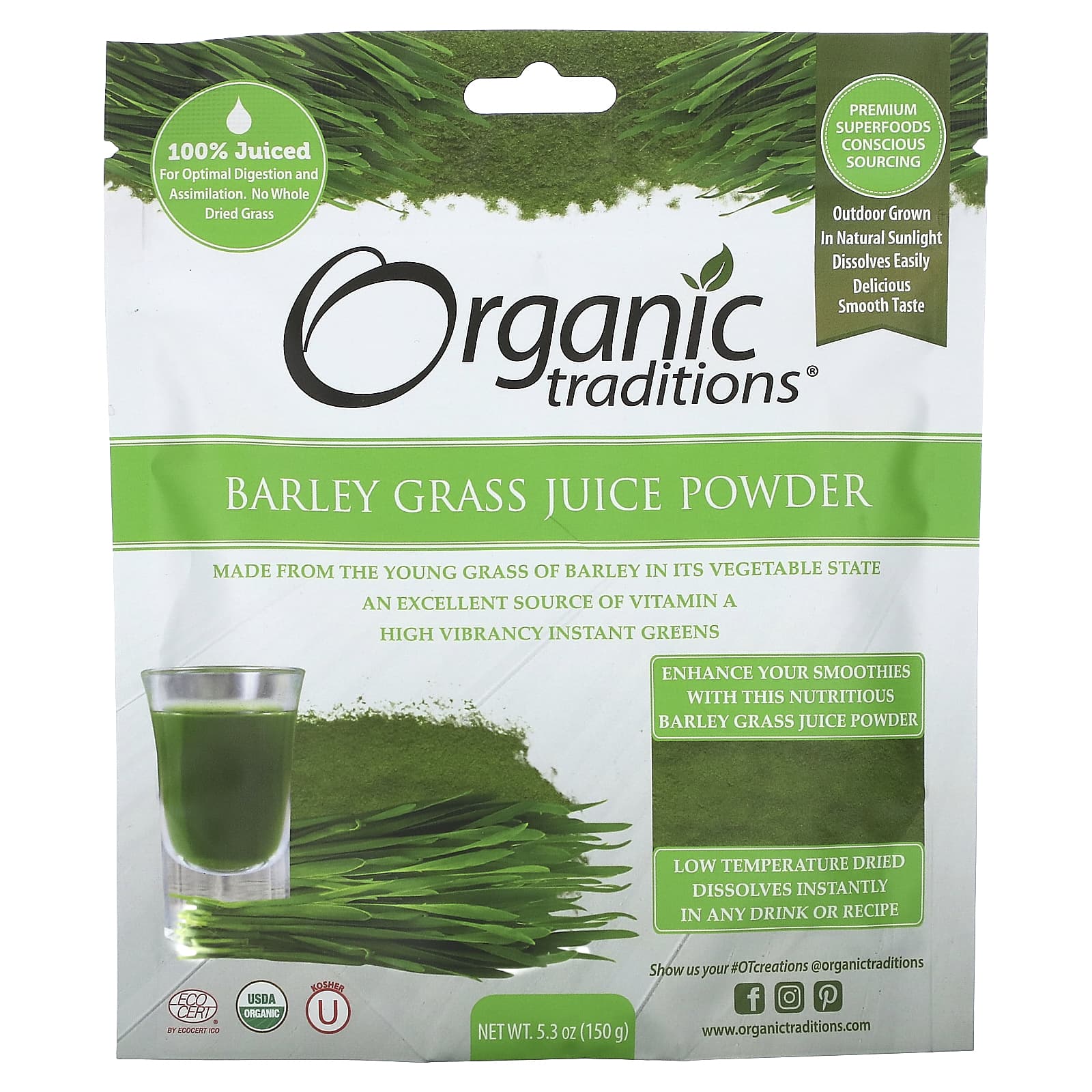 Organic Traditions, Barley Grass Juice Powder, 5.3 oz (150 g)