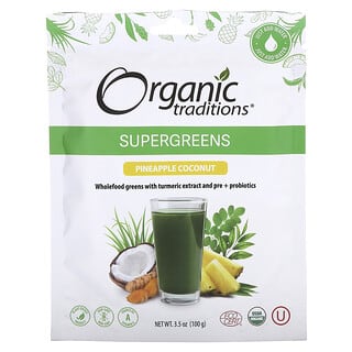 Organic Traditions, Supergreens（スーパーグリーンズ）、パイナップルココナッツ、100g（3.5オンス）