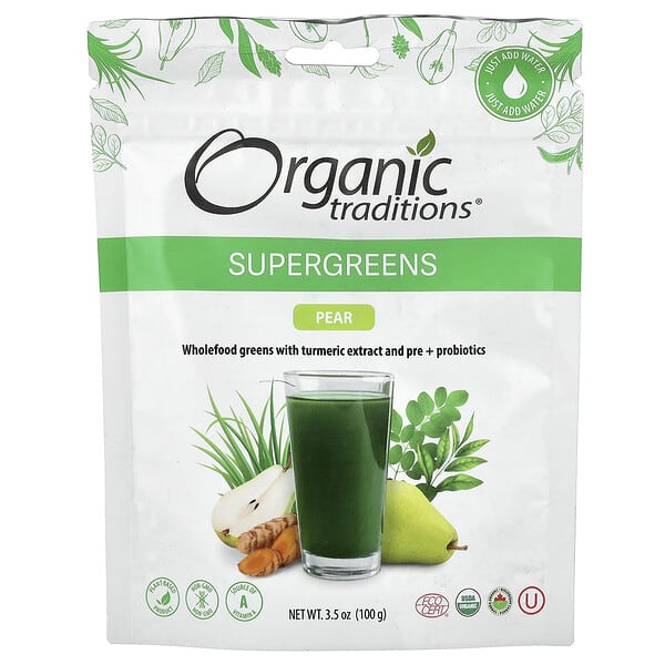Organic Traditions, Supergreens, Pear, 3.5 oz (100 g) — product photo 1