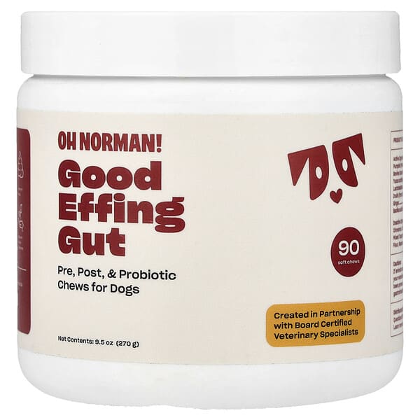 Oh Norman, Good Gut, Bocadillos masticables con probióticos y para preparar para preparar alimentos para perros, 90 comprimidos masticables blandos, 270 g (9,5 oz)