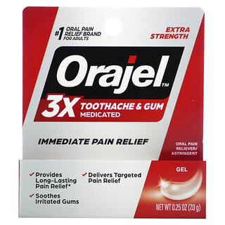 Orajel, 3 veces más gel medicinal para el dolor de muelas y encías, Concentración extra`` 7 g (0,25 oz)