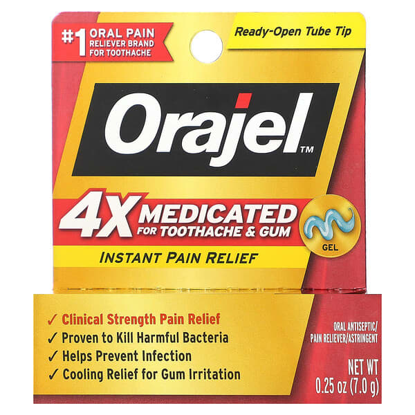 Orajel, Instant Pain Relief Gel, 4X Medicated For Toothache & Gum, 0.25 oz (7 g)