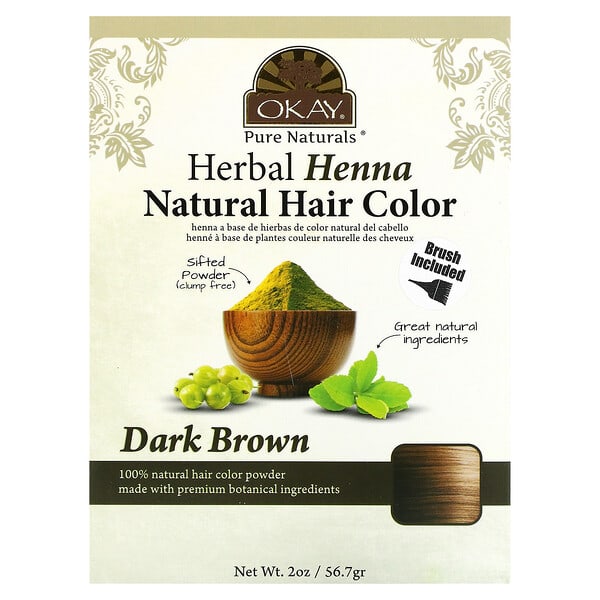 Okay Pure Naturals‏, צבע שיער טבעי מחינה צמחית, חום כהה, 2 אונקיות, 56.7 גרם)