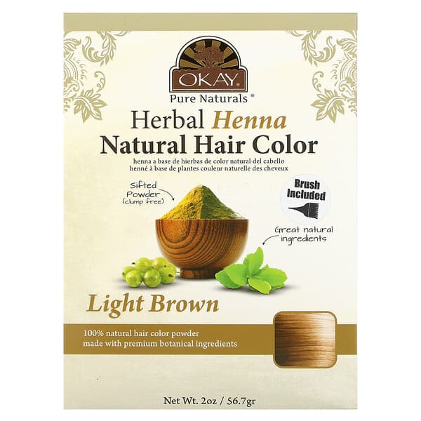 Okay Pure Naturals‏, צבע שיער טבעי מחינה צמחית, חום בהיר, 2 אונקיות, 56.7 גרם)