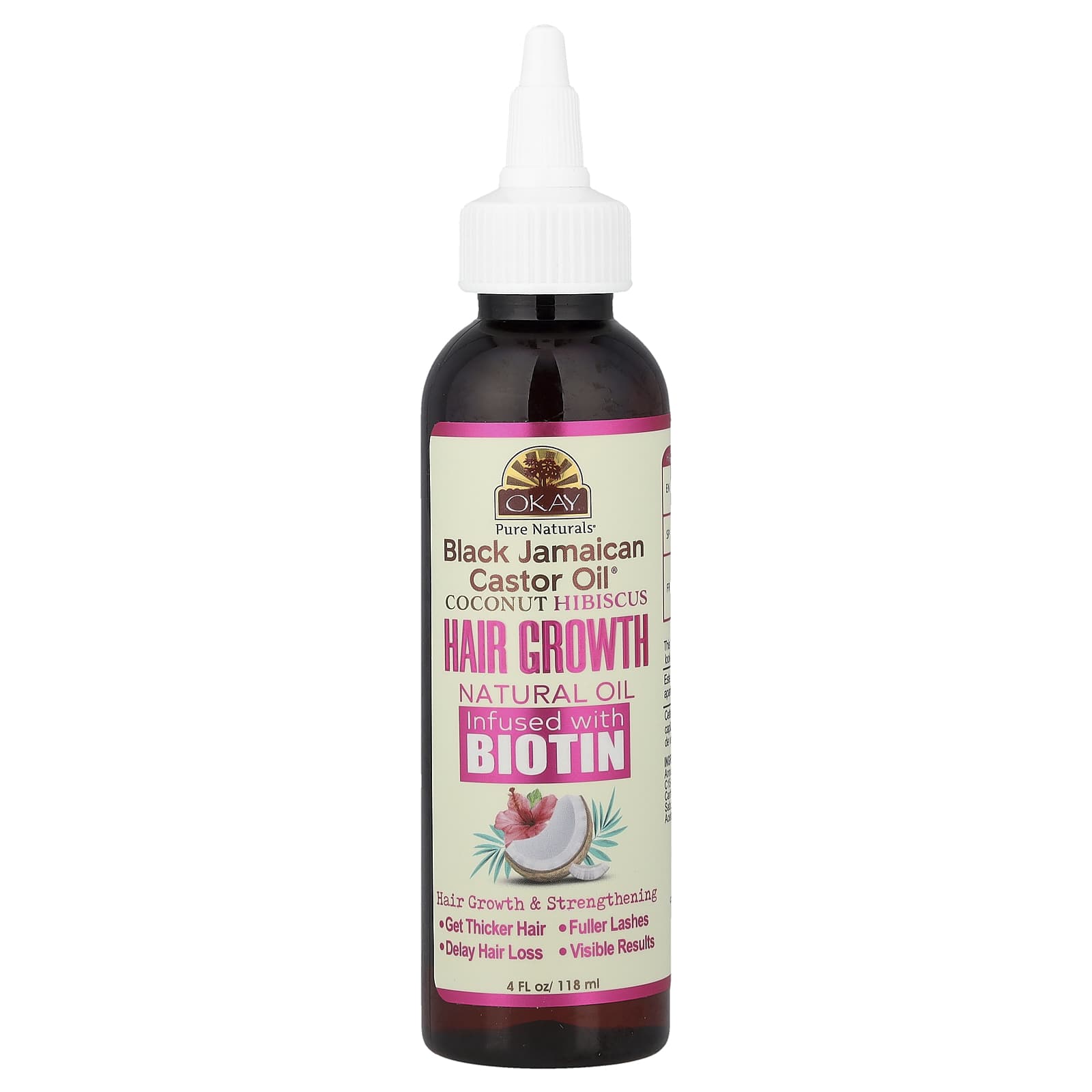 Okay Pure Naturals, Black Jamaican Castor Oil®, натуральное масло для роста волос с кокосом и гибискусом, с биотином, 118 мл (4 жидк. унции)