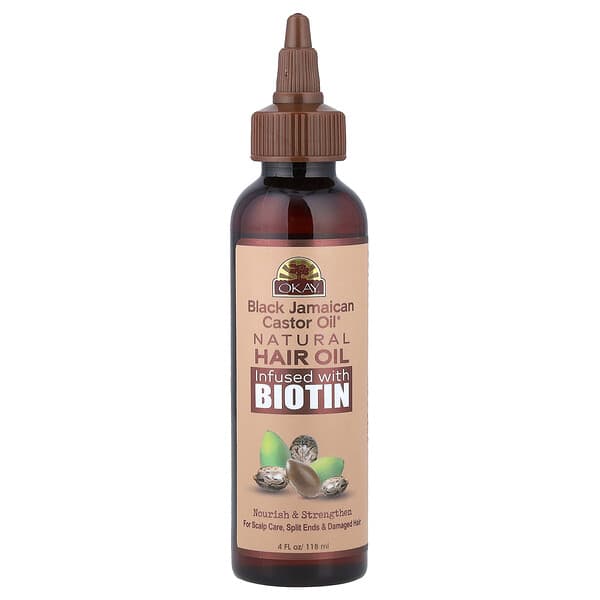 Okay Pure Naturals, Black Castor Oil, Hair Growth Natural Oil Infused with Biotin, 4 fl oz (118 ml)