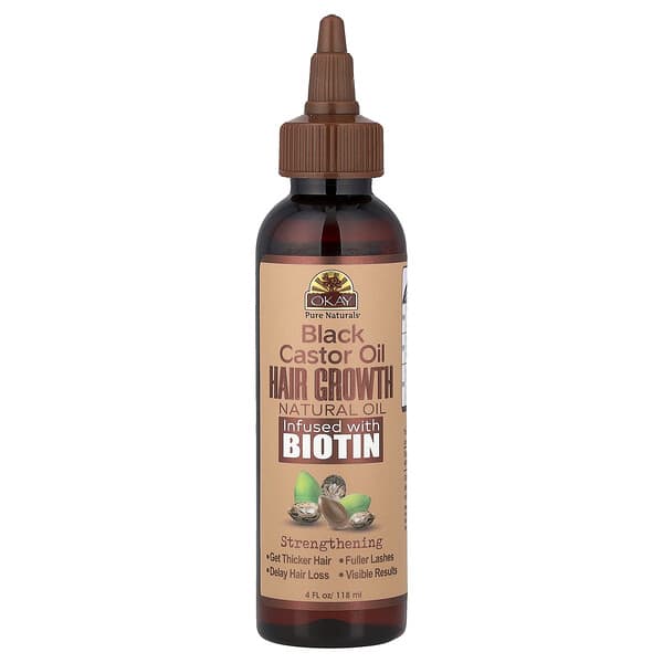 Okay Pure Naturals, Black Castor Oil, Hair Growth Natural Oil Infused with Biotin, 4 fl oz (118 ml)