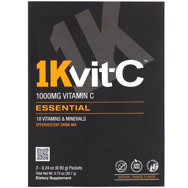 1Kvit-C, مزيج شراب فوار، فيتامين جـ، أساسي، نكهة برتقال طبيعية، 1.000 ملجم، 3 أكياس، 0.24 أونصة (6.90 جم) لكل كيس