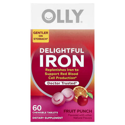 OLLY, Delicious Iron Chewable Tablets, Ages 4+, Mixed Fruit and Juice Flavor, 60 Tablets