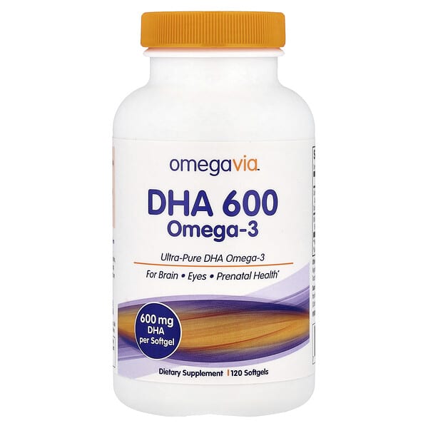 OmegaVia（オメガビア）, DHA（ドコサヘキサエン酸）600オメガ3、600mg、ソフトジェル120粒