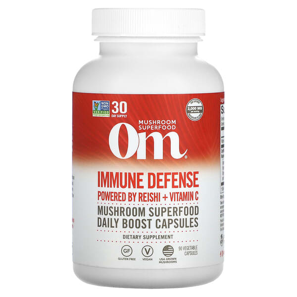 Om Mushrooms, Immune Defense, Powered by Reishi + Vitamin C, 90 Vegetable Capsules