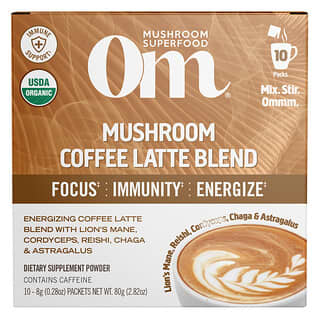 Om Mushrooms, Mushroom Powered Coffee Latte Blend，10 包，每包 0.28 盎司（8 克）。