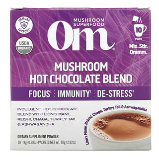 Om Mushrooms‏, Mushroom Powered Hot Chocolate Blend, 10 Packets, 0.28 oz (8 g) Each