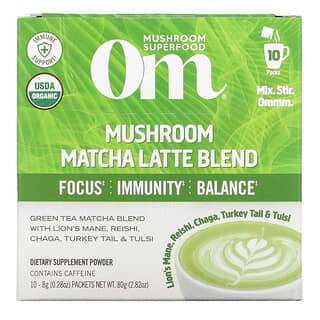 Om Mushrooms, Mezcla de champiñones con leche y matcha, 10 sobres de 8 g (0,28 oz) cada uno