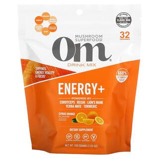 Om Mushrooms, Mélange pour boisson Energy+, Agrumes et orange, 200 g