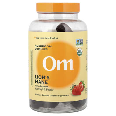 Om Mushrooms, Lion's Mane Mushroom Gummies, Strawberry, 60 Vegan Gummies (500 mg per Gummy)