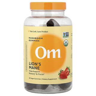 Om Mushrooms, Gula-gula Getah Cendawan Lion's Mane, Strawberi, 60 Gula-gula Getah Vegan (500 mg setiap Gula-gula Getah)
