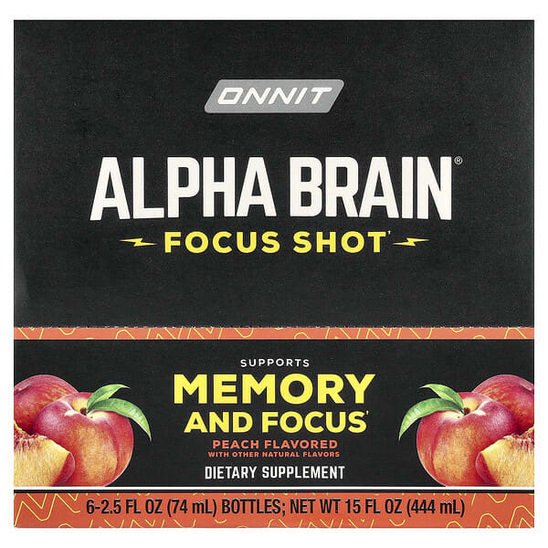 Onnit, Alpha BRAIN® Focus Shot, Peach, 6 Bottles, 2.5 fl oz (74 ml) Each — product photo 1