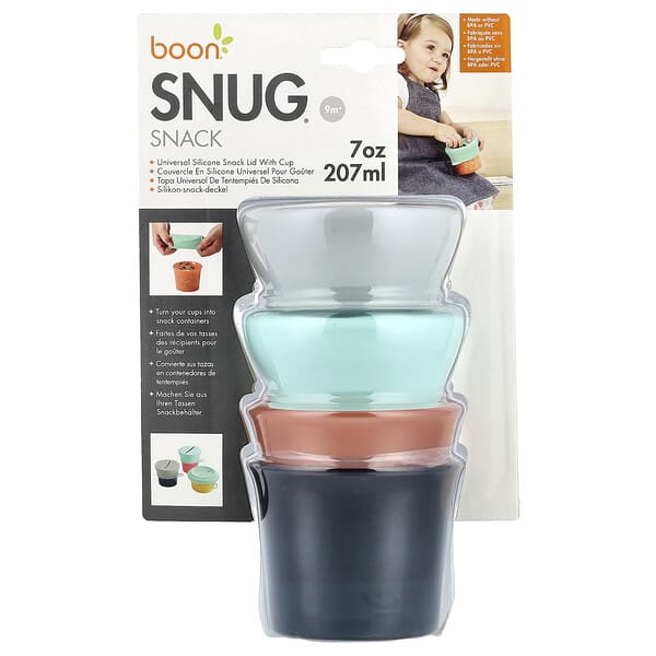Boon, Snug Snack®, 유니버설 실리콘 스낵 뚜껑, 9개월 이상, 컵 2개 및 뚜껑 2개, 각 207ml(7oz)