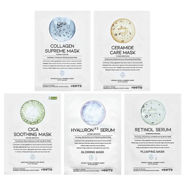 OOTD, 수분 세럼 시트 뷰티 마스크, 5매, 매당 25g(0.88oz)