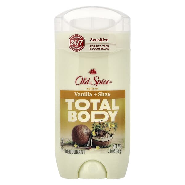 Old Spice, 토탈 바디 데오드란트, 센시티브, 바닐라 + 시어, 85g(3oz)