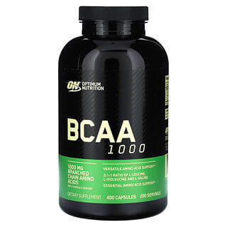 Optimum Nutrition, BCAA 1000, Aminoácidos de cadena ramificada, 1000 mg, 400 cápsulas (500 mg por cápsula)